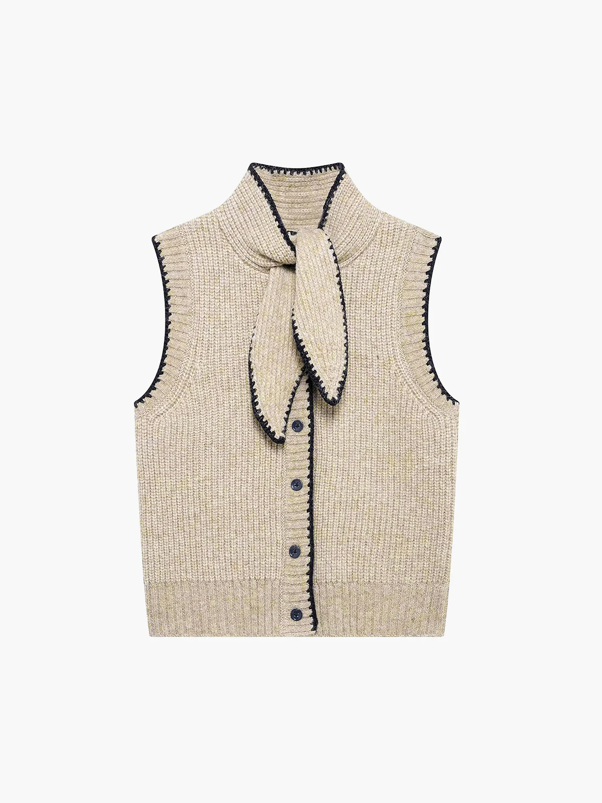 Tie Neck Contrast Trim Button Sweater Vest | Commense