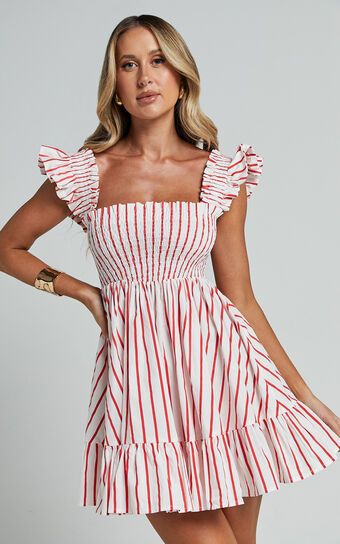 Brynlee Mini Dress - Elastic Chest Flutter Sleeve Hem Dress in Red Stripe | Showpo (US, UK & Europe)