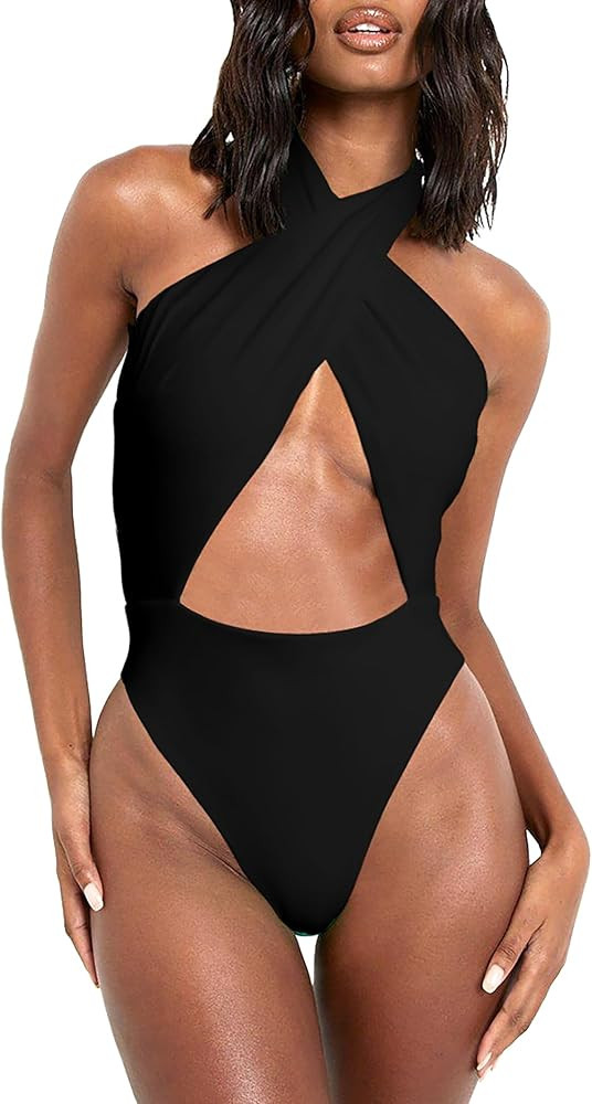 HYPERFIRE Women's Sexy Halter Criss Cross Swimsuit Cut Out One Piece Bathing Suit High Cut Swimwe... | Amazon (US)