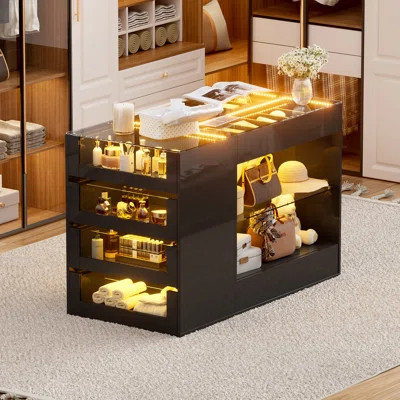 Walk-in Closet Island With 8 Drawers And Open Storage, 1-shelf Chest With Tempered Glass Top, Led Light, Jewelry Storage, | Wayfair North America