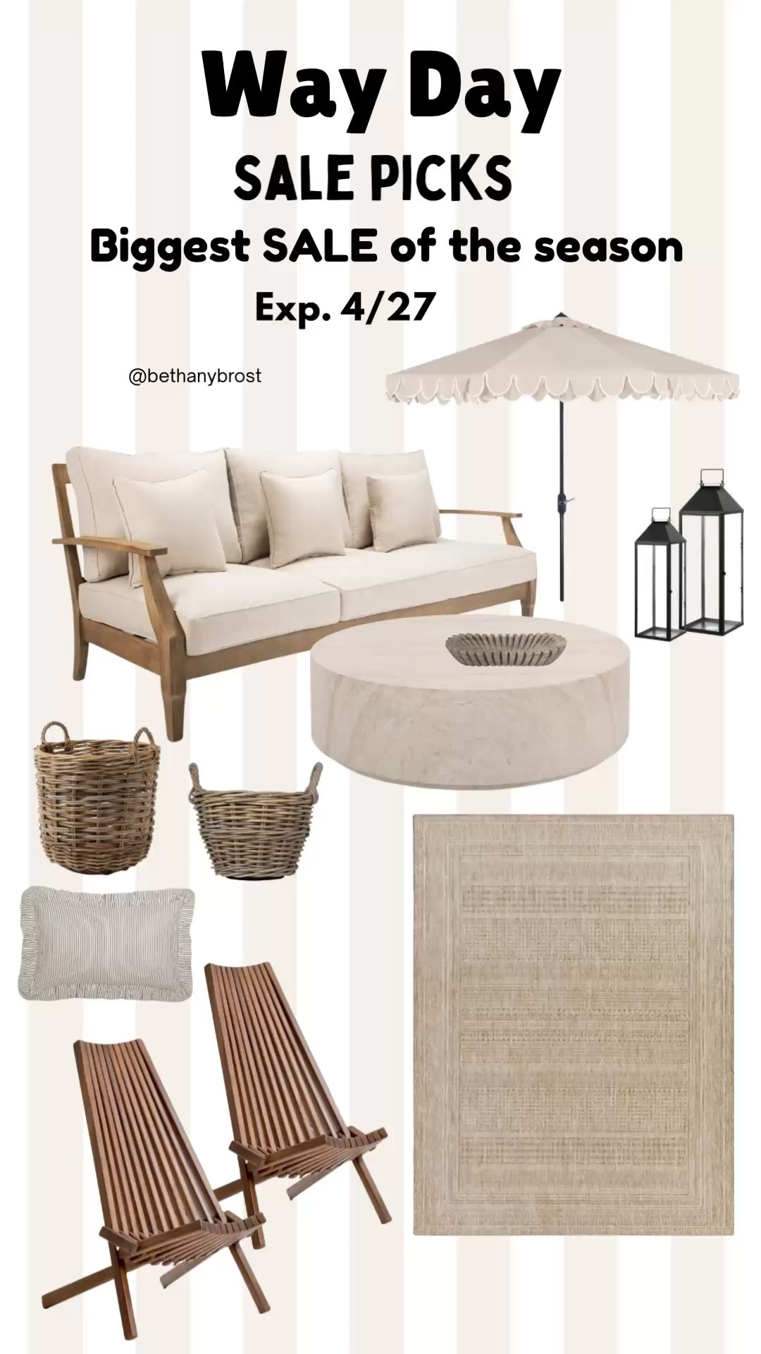 WAYFAIR’S Biggest sale of the season is almost over! Don’t miss out on the best prices on home items.
Home decor 
Outdoor furniture 
Outdoor rug
Lanterns
Coffee table
Throw pillows
Faux florals

#LTKMothersDay #LTKSaleAlert #LTKHome