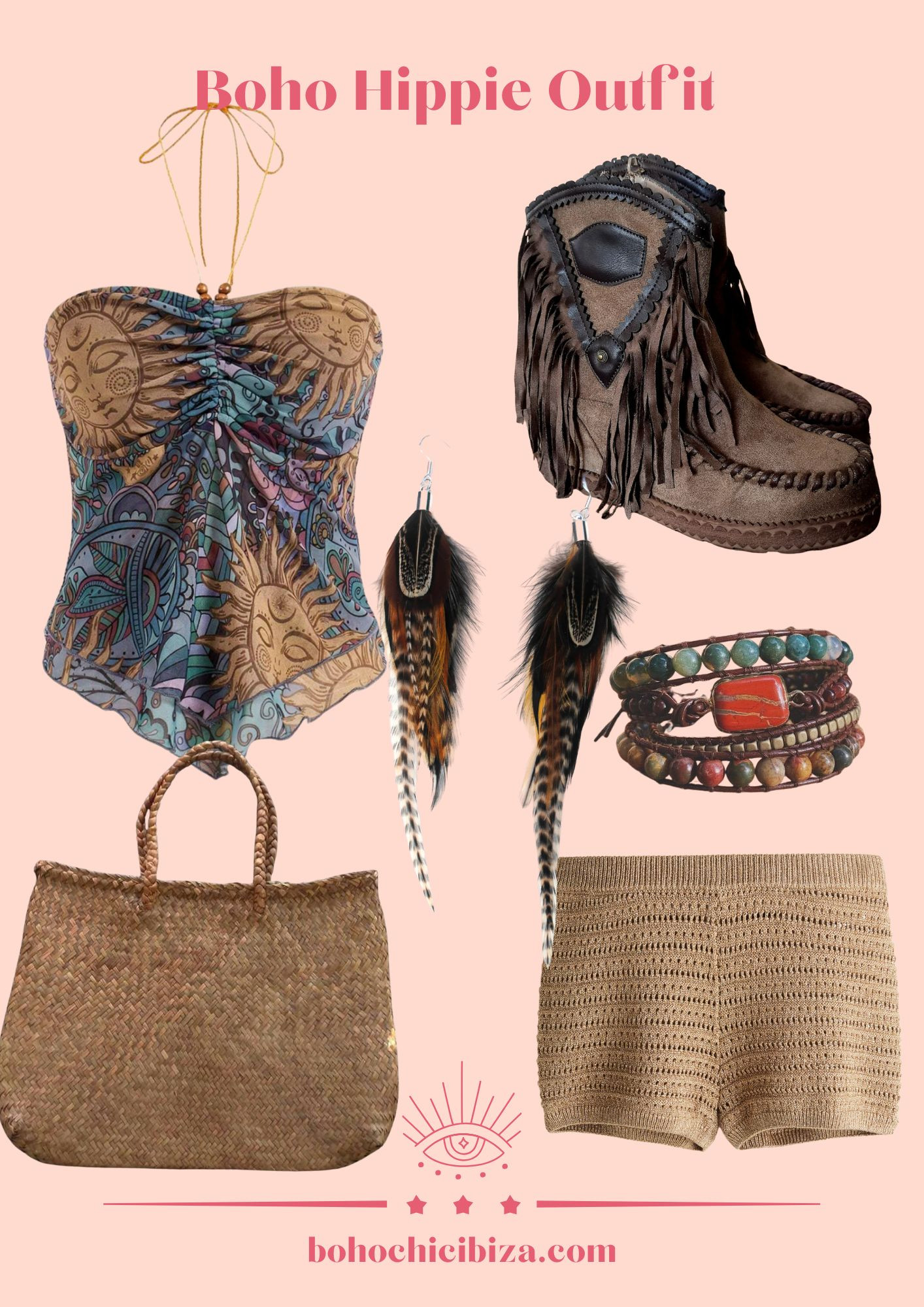 Boho Hippie Outfit 
- Hippie Sunflower Top
- Oversized tote bag
- Real Feather Earrings
- Brown suede ankle boots
- Boho Leather Bracelet
- Crochet Beige Shorts 

 #LTKsummer #LTKsale #LTKstyletip