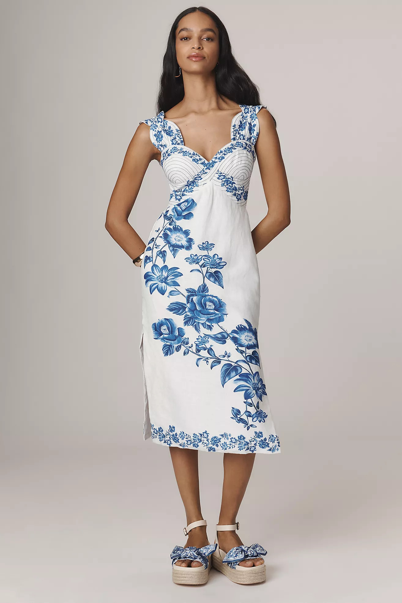 Farm Rio Floral Cascade Wavy Linen Sleeveless Midi Dress | Anthropologie (US)