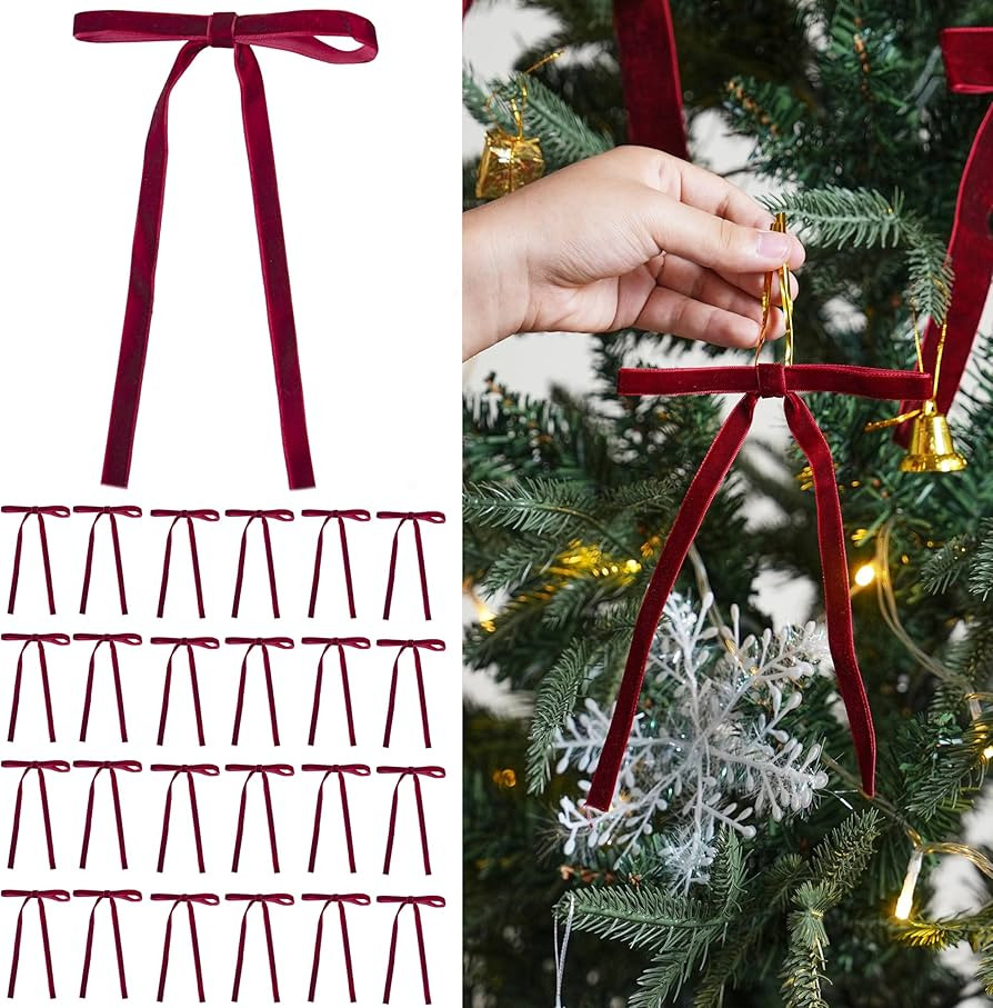 24 Pcs Burgundy Velvet Ribbon Bows Christmas Tree Ornaments Vintage Wine Red Velvet Bows for Tree... | Amazon (US)