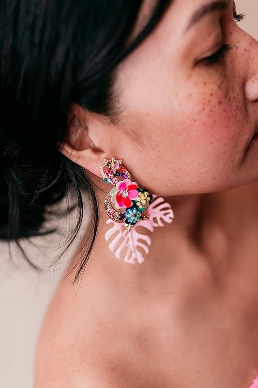 Pink Palm Leaf Earrings Beaded Sequins Monstera Leaf Metallic Hawaiian leave, Tropical Big Plant ... | Amazon (US)