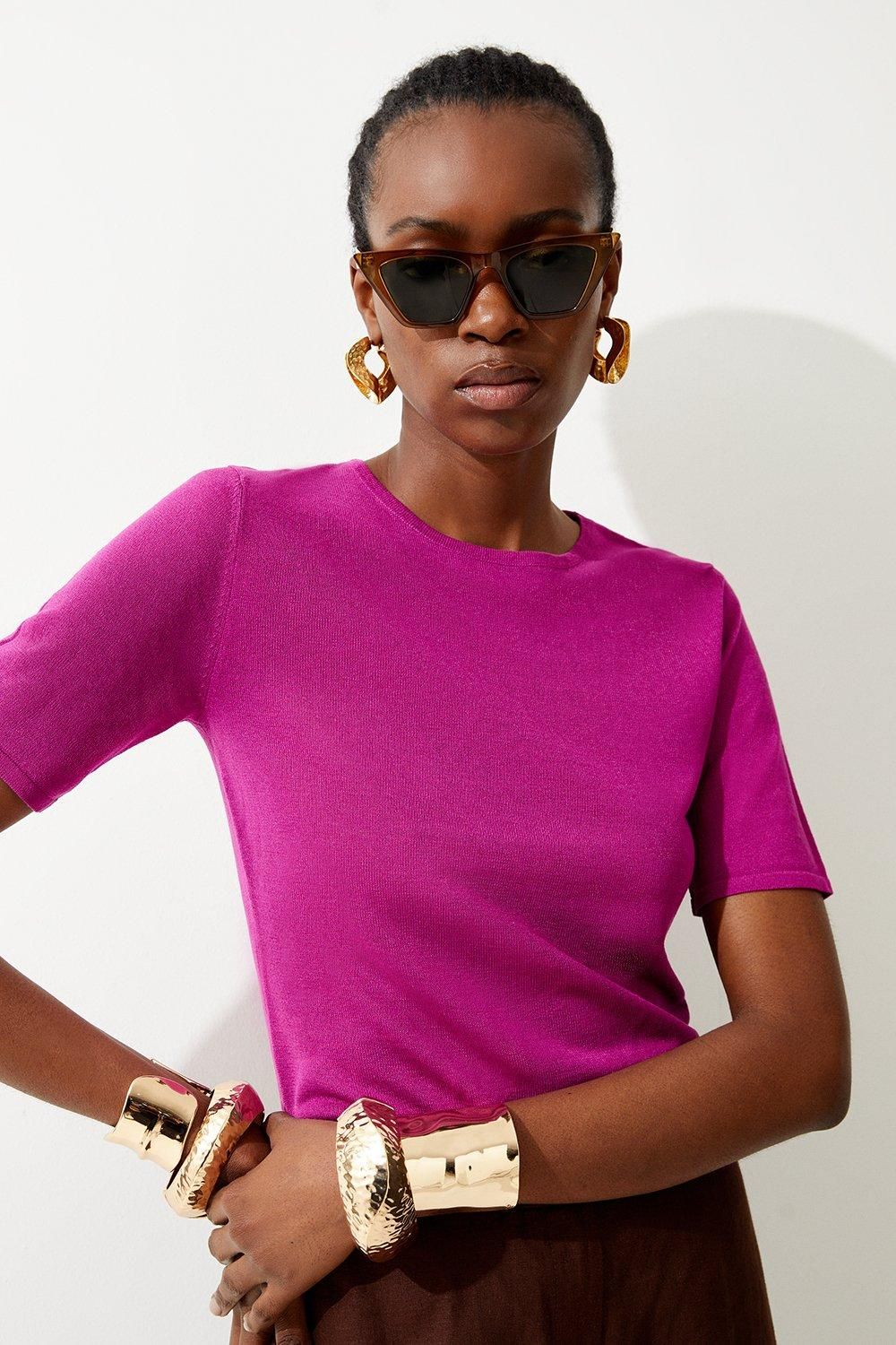 Viscose Blend Lightweight Knit Short Sleeve T-shirt | Karen Millen UK + IE + DE + NL