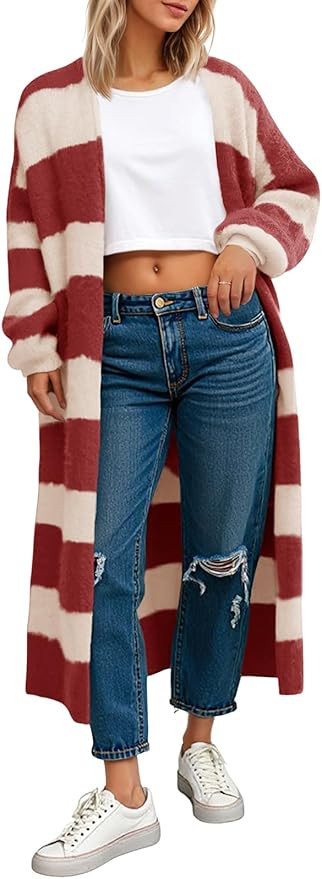 Saodimallsu Womens Striped Long Cardigan Sweaters Open Front Oversized Chunky Fuzzy Knit Fall Dus... | Amazon (US)