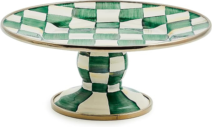 MACKENZIE-CHILDS Enamel Pedestal Platter, Round Cake Stand, Mini, Green-and-White Emerald Check | Amazon (US)
