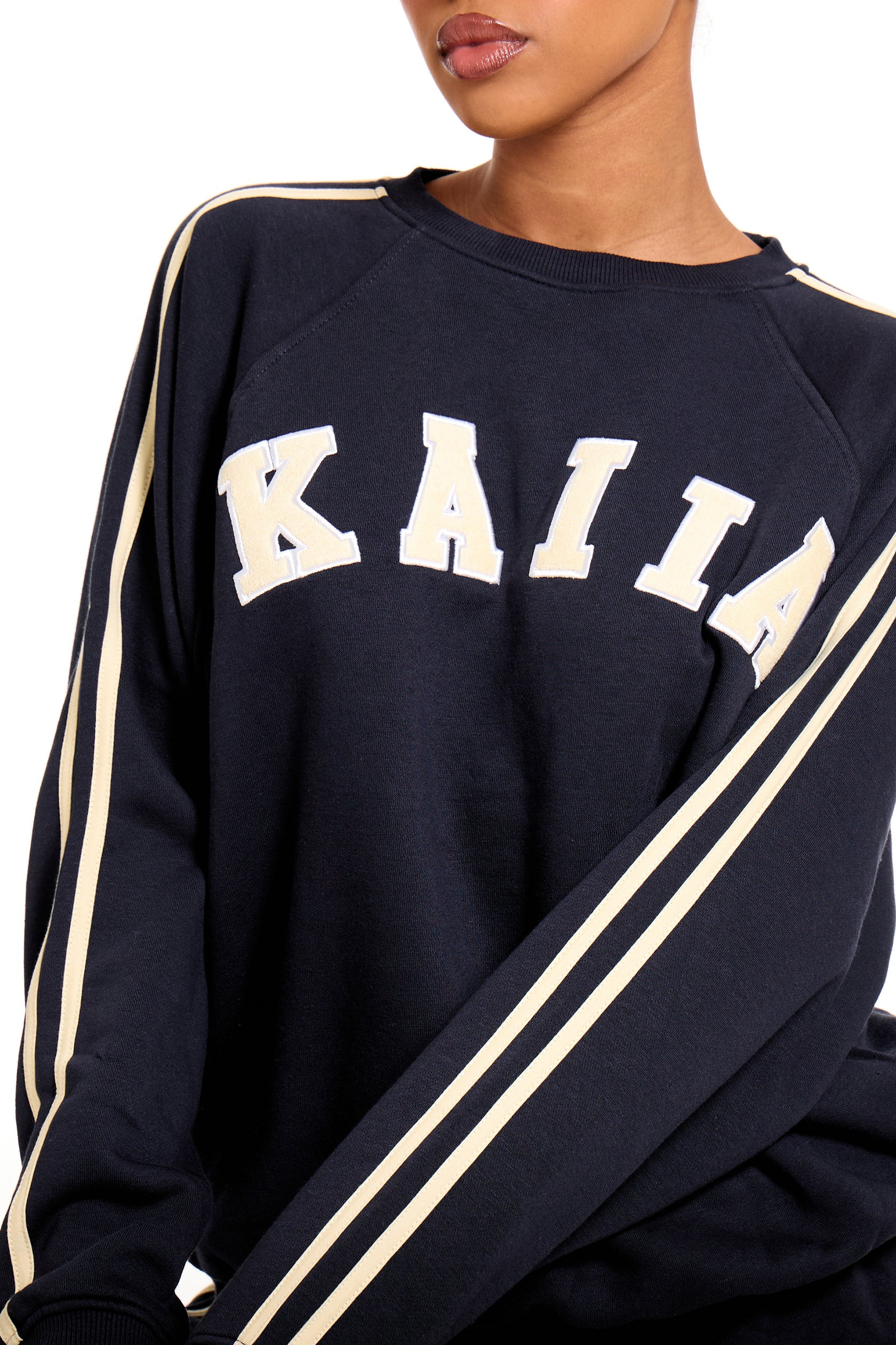 Kaiia Slogan Sport Side Stripe Oversized Sweatshirt Ink Blue & Lemon | Kaiia the Label