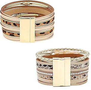 Wowanoo 3Pack Leather Cuff Bracelet Set Multilayer Wrap Bracelet Crystal Feather Tree Bracelet Ma... | Amazon (US)