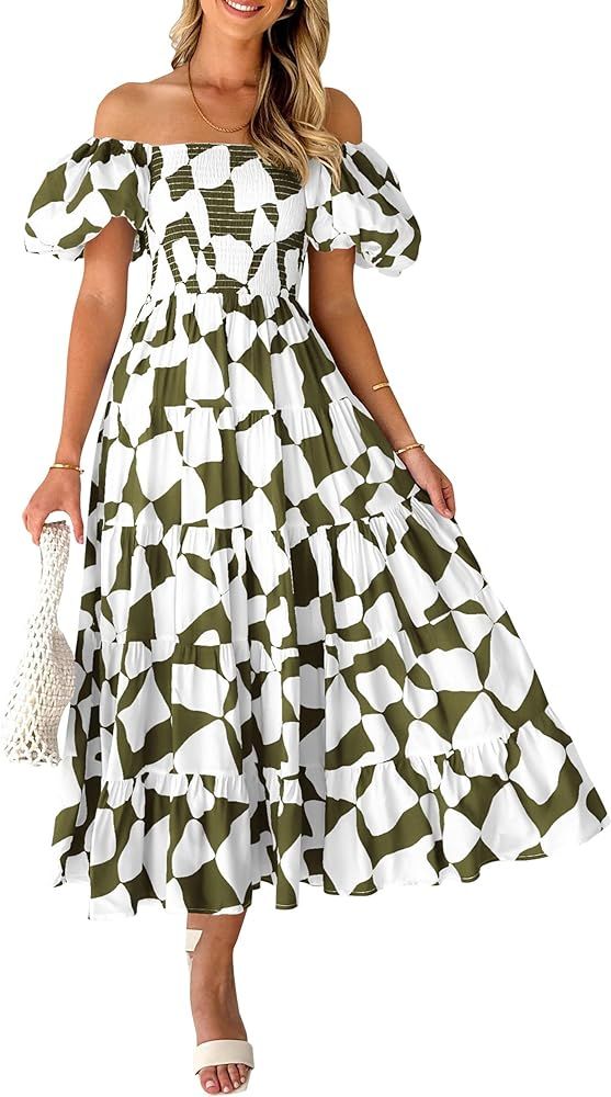 Pretty Garden Womens 2024 Summer Boho Midi Dress Off Shoulder Puff Sleeve Print Smocked Ruffle Be... | Amazon (US)