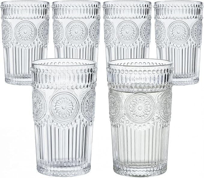 Kingrol Embossed Vintage Drinking Glasses Set of 6, 12 oz Textured Glass Tumblers, Clear Retro Wa... | Amazon (US)