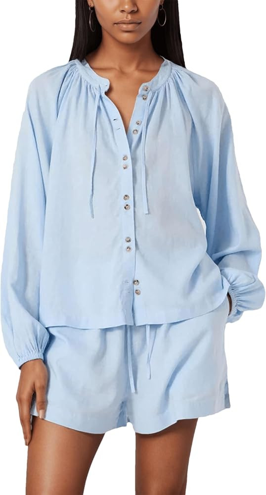 Wanzetaly Women's 2 Piece Sets Long Sleeve Button Down Shirt Matching Shorts Sets Spring Outfit 2... | Amazon (US)