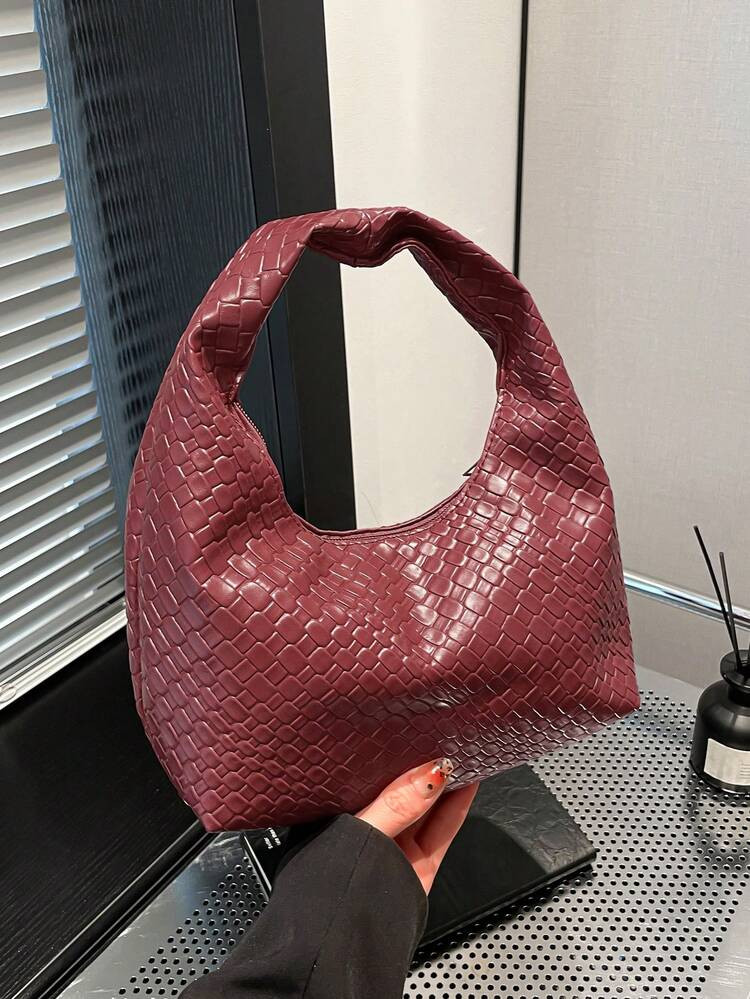Leather Underarm Baguette Bag, Suitable For Going Out, Dates And Commuting.Fashion Asymmetric Square Handbag, PU Woven Texture Tote Bag, Wine Red Color, Daily Work Bag, Top Handle Wallet (Pattern Random) | SHEIN