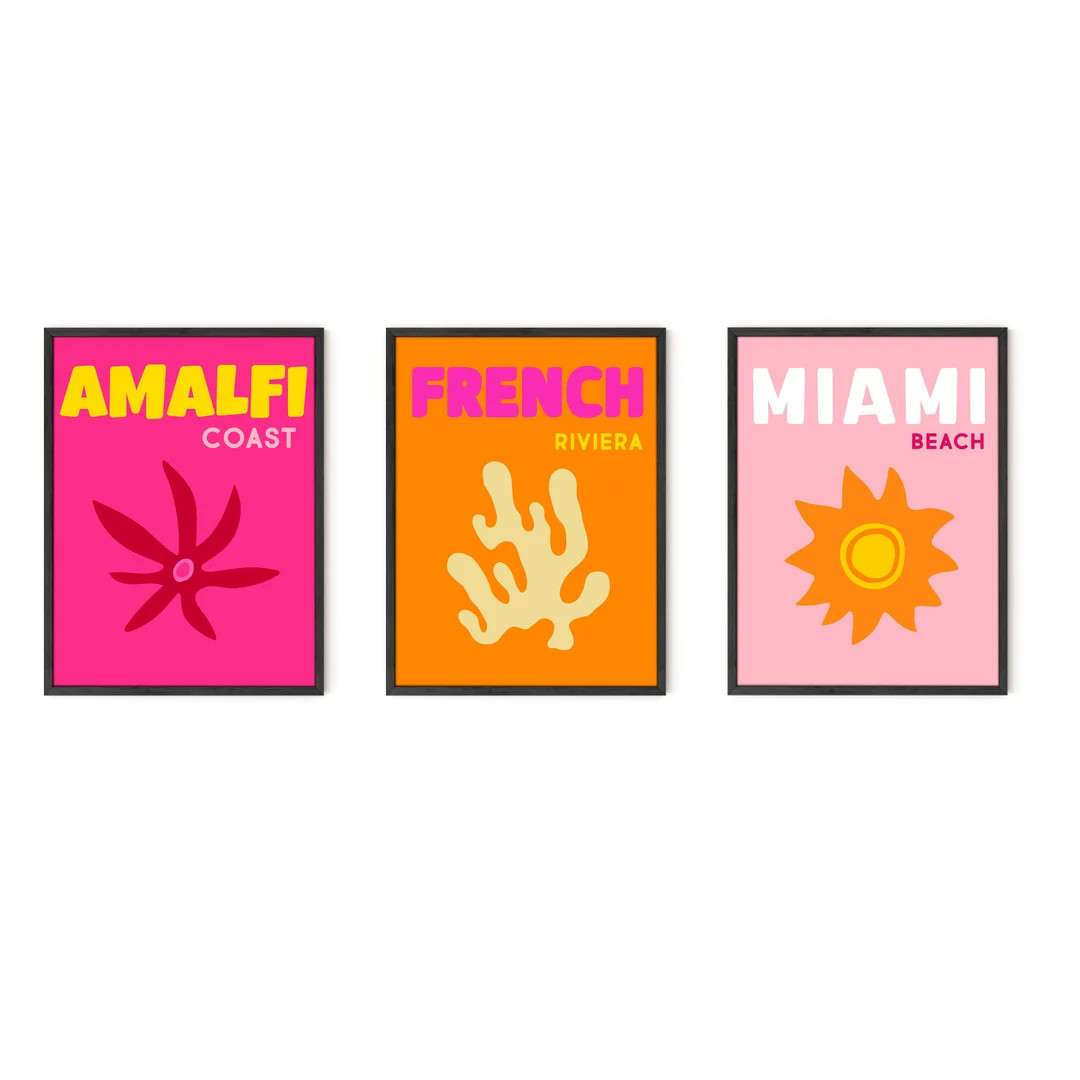 Preppy Travel Poster Set: Amalfi Coast, French Riviera, Miami Beach - Etsy | Etsy (US)