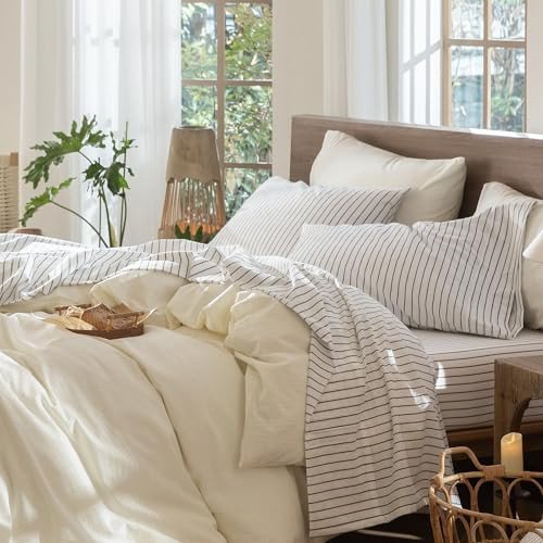 MooMee Striped Sheet Set 100% Washed Cotton Linen Like Textured Breathable Durable Soft Comfy (White Dark Grey Wide Stripes, Full) | Amazon (US)