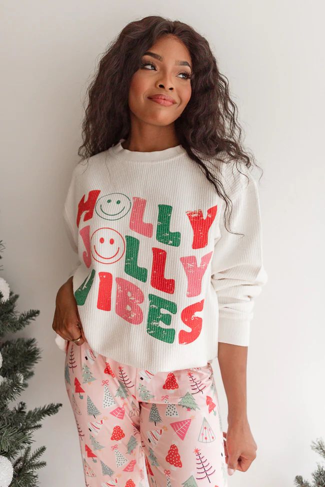 Holly Jolly Vibes Ivory Corded Graphic Sweatshirt DOORBUSTER | Pink Lily