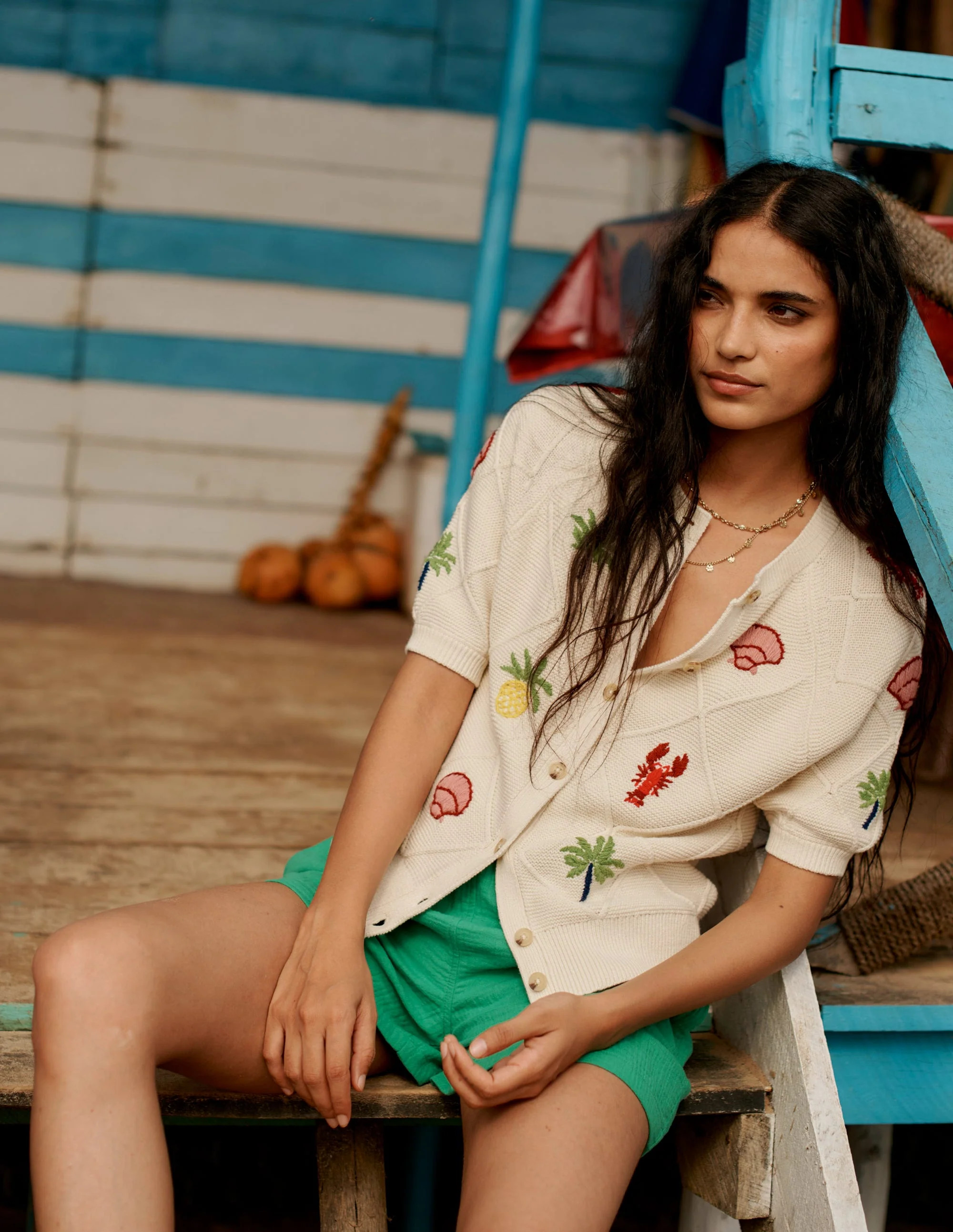 Embroidered T-Shirt Cardigan-Warm Ivory, Tropical Bonanza | Boden (US)