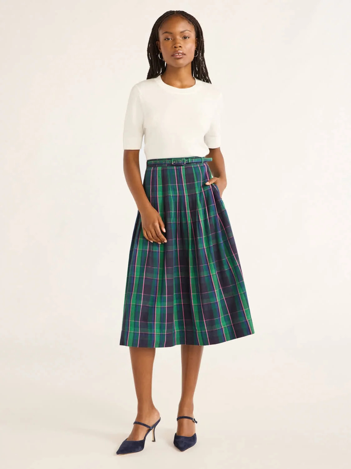 Free Assembly Women's Belted Cotton Pleated Midi Skirt, Sizes XS-4X | Walmart (US)