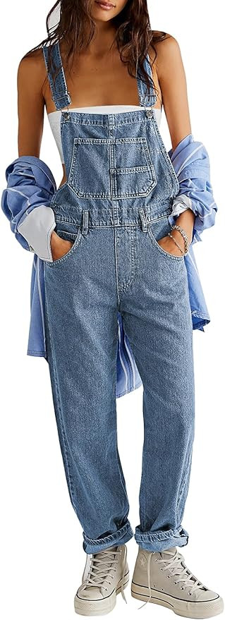 Pink Queen Women's Denim Bib Overalls Casual Loose Adjustable Straps Wide Legs High Waist Jean Pa... | Amazon (US)