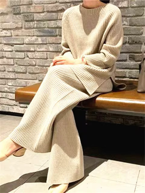 REALEFT 2022 Autumn Winter 2 Pieces Women Sets Knitted Tracksuit O-Neck Split Sweater and Wide Le... | AliExpress (US)