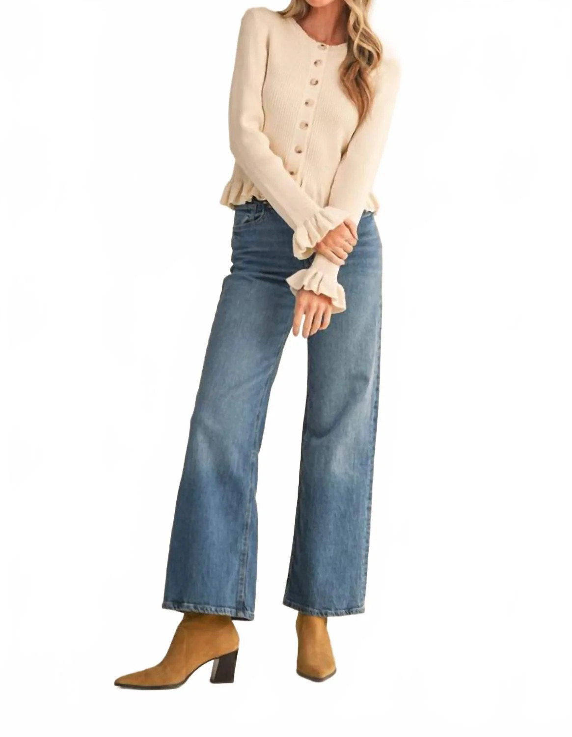 Ruffle Hem Ribbed Knit Cardigan In Egg Shell | Shop Simon