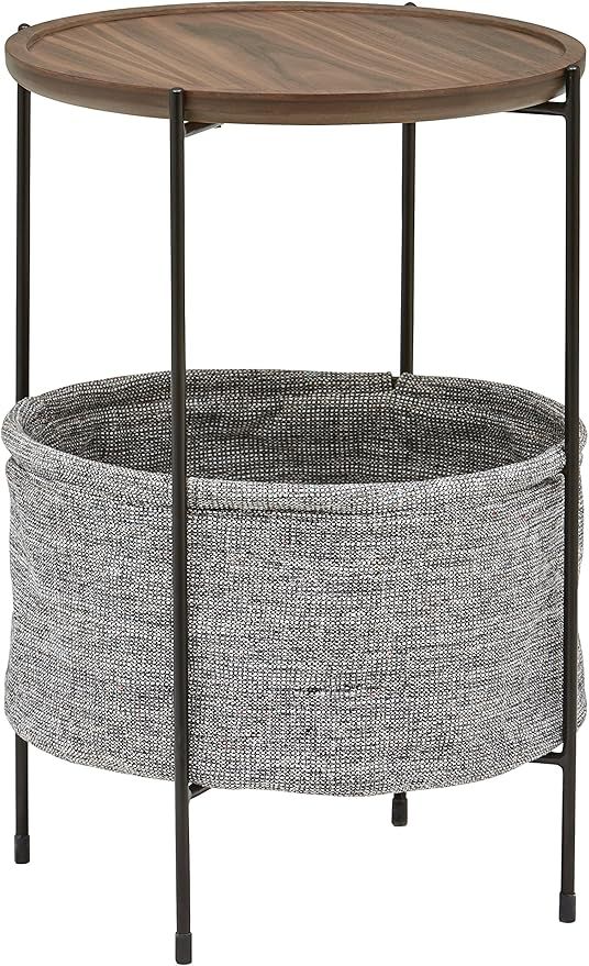 Amazon Brand – Rivet Meeks Round Side Table with Fabric Storage Basket, 24"H, Walnut and Grey | Amazon (US)