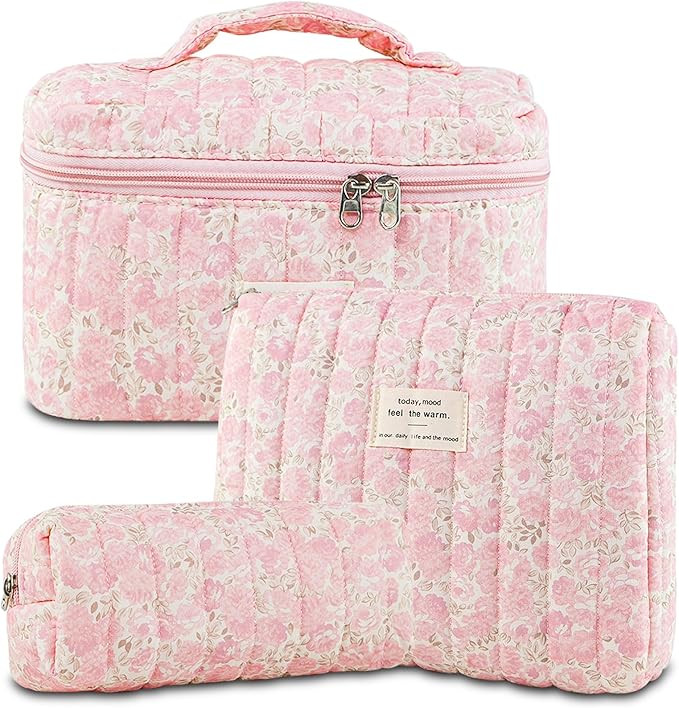 GISMTR 3Pcs Makeup Bag Cotton Quilted Travel Cosmetic Bag Cute Floral Makeup Pouch Large Toiletry... | Amazon (US)