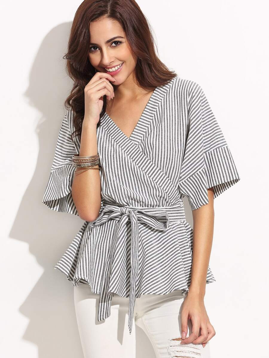 Self-tie Stripe Wrapped Peplum Blouse | SHEIN
