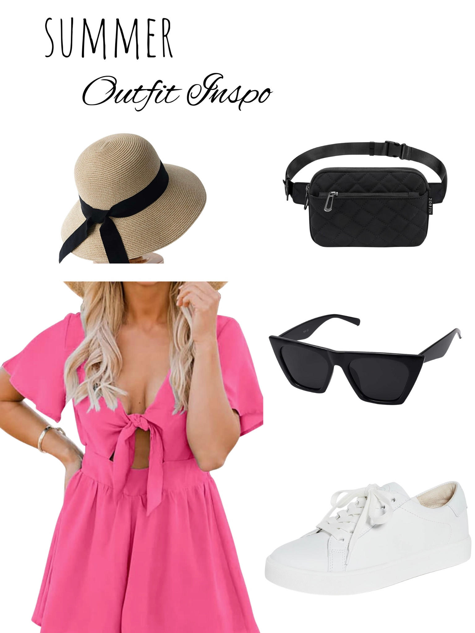 Spring and summer outfit inspiration. I love hot pink this season. Paired with the essentials. Crossbody Fanny pack. Womens sunglasses. Cute white sneakers. Sun hat. Hot pink romper. Trending outfit. 

#LTKFind #LTKSeasonal #LTKstyletip