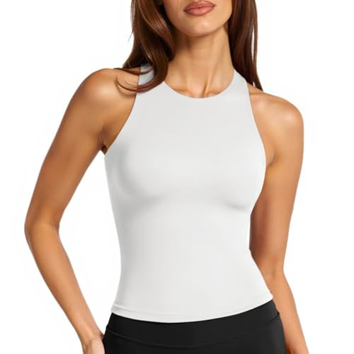 LASLULU Womens White Sports Bra High Neck Longline Athletic Yoga Running Gym Workout Crop Tops Clothes Padded Workout Tank Tops with Built in Bra (White, Medium) | Amazon (US)