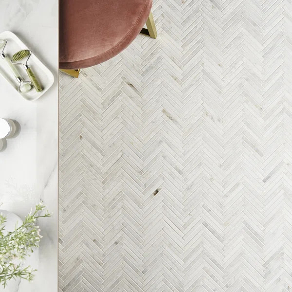 Polar White 11 in. x 11.61 in. Herringbone Polished Marble Mosaic Tile (0.89 Sq. Ft. / Sheet) | Wayfair North America