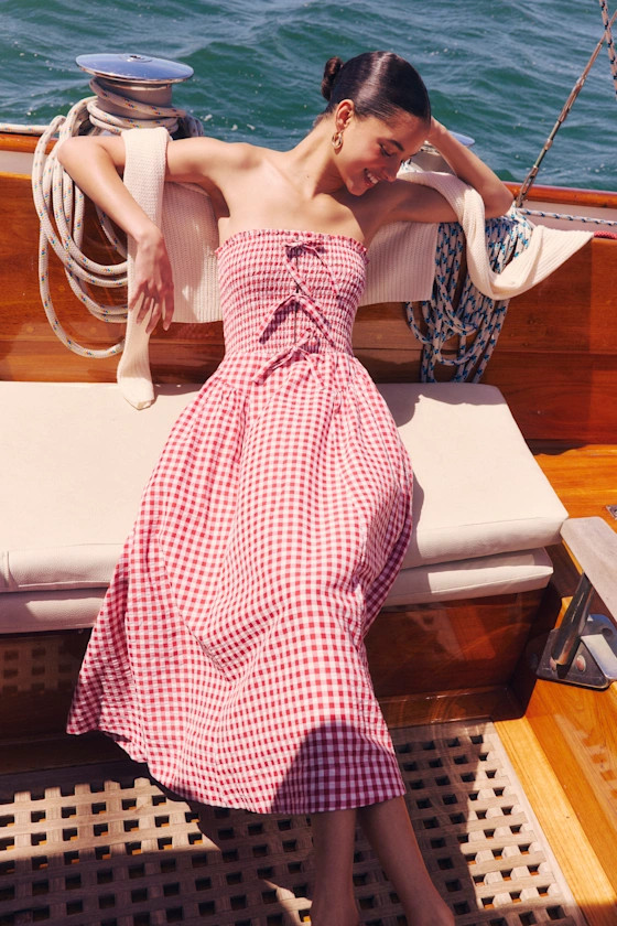 Clementina Red Gingham Smocked Midi Dress | Lulus