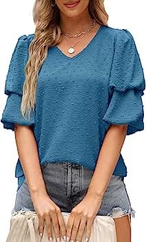XIEERDUO Women's Double Puff Sleeve Blouses Summer Half Sleeve Swiss Dot Tops V Neck Tshirts Casu... | Amazon (US)