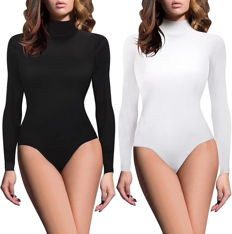 2 Pcs Mock Turtle Neck Long Sleeve Tops Bodysuit White Black Bodysuit Women Skims Bodysuit Tank Body | Amazon (US)
