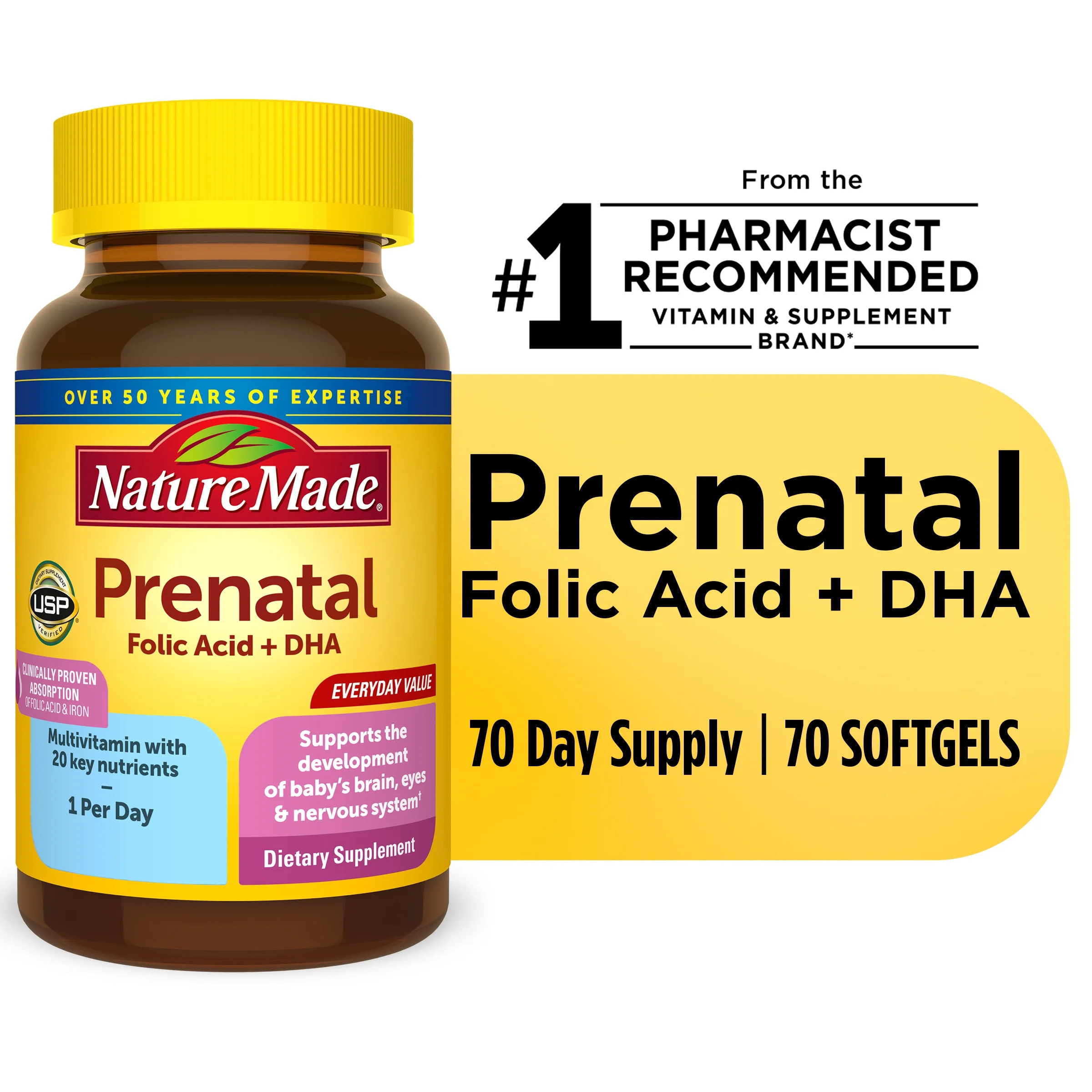 Nature Made Prenatal with Folic Acid + DHA Softgels, Prenatal Vitamin and Mineral Supplement, 70 ... | Walmart (US)