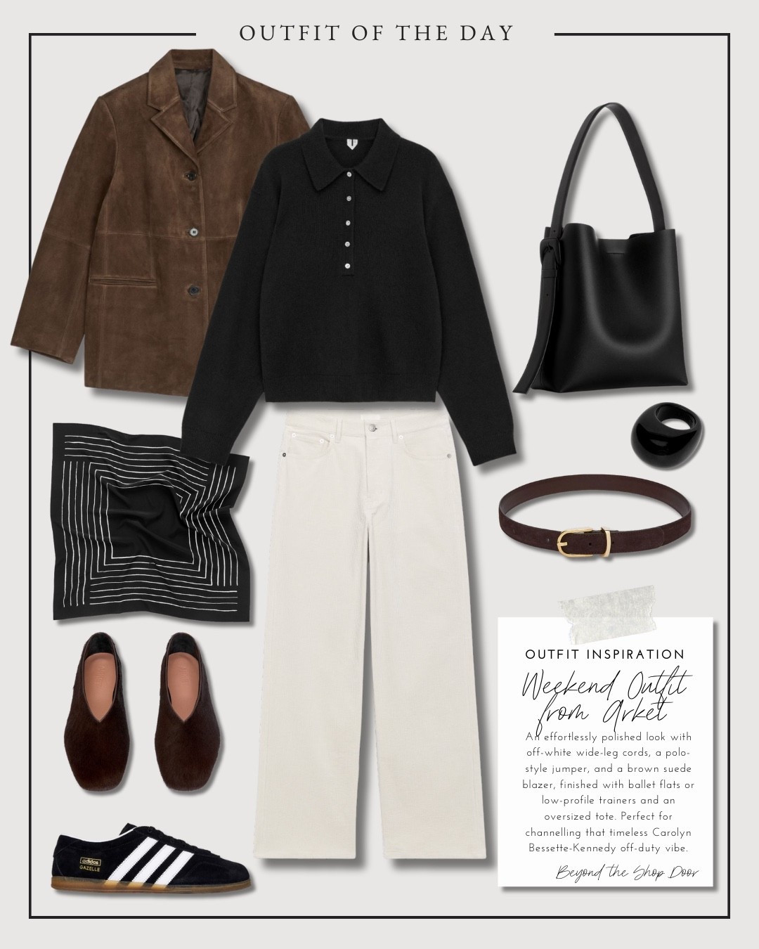 Outfit Inspiration - Weekend Outfit from Arket

An effortlessly polished look with off-white wide-leg cords, a polo-style jumper, and a brown suede blazer, finished with ballet flats or low-profile trainers and an oversized tote. 

Perfect for channelling that timeless Carolyn Bessette-Kennedy off-duty vibe.

A curated collection and outfit inspiration from items I’d add to my cart at Arket.

#LTKShoeCrush #LTKItBag #LTKStyleTip