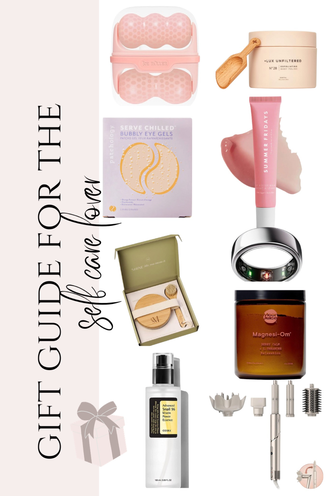 Gift guide for the self care lover, skincare beauty, ice roller, body scrub, dry brushing; eye mask, lip gloss; pura, magnesium, snail mucin, shark 

#LTKHoliday #LTKGiftGuide #LTKSeasonal
