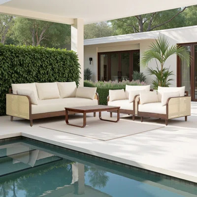 Wavefront 4-Piece Outdoor Conversation Set In Brown Eucalyptus & Rope With Cushions | Wayfair North America