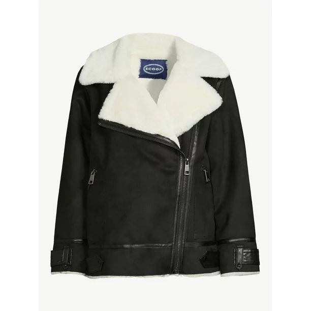 Scoop Women's Faux Suede Oversized Moto Jacket with Faux Fur Lining - Walmart.com | Walmart (US)