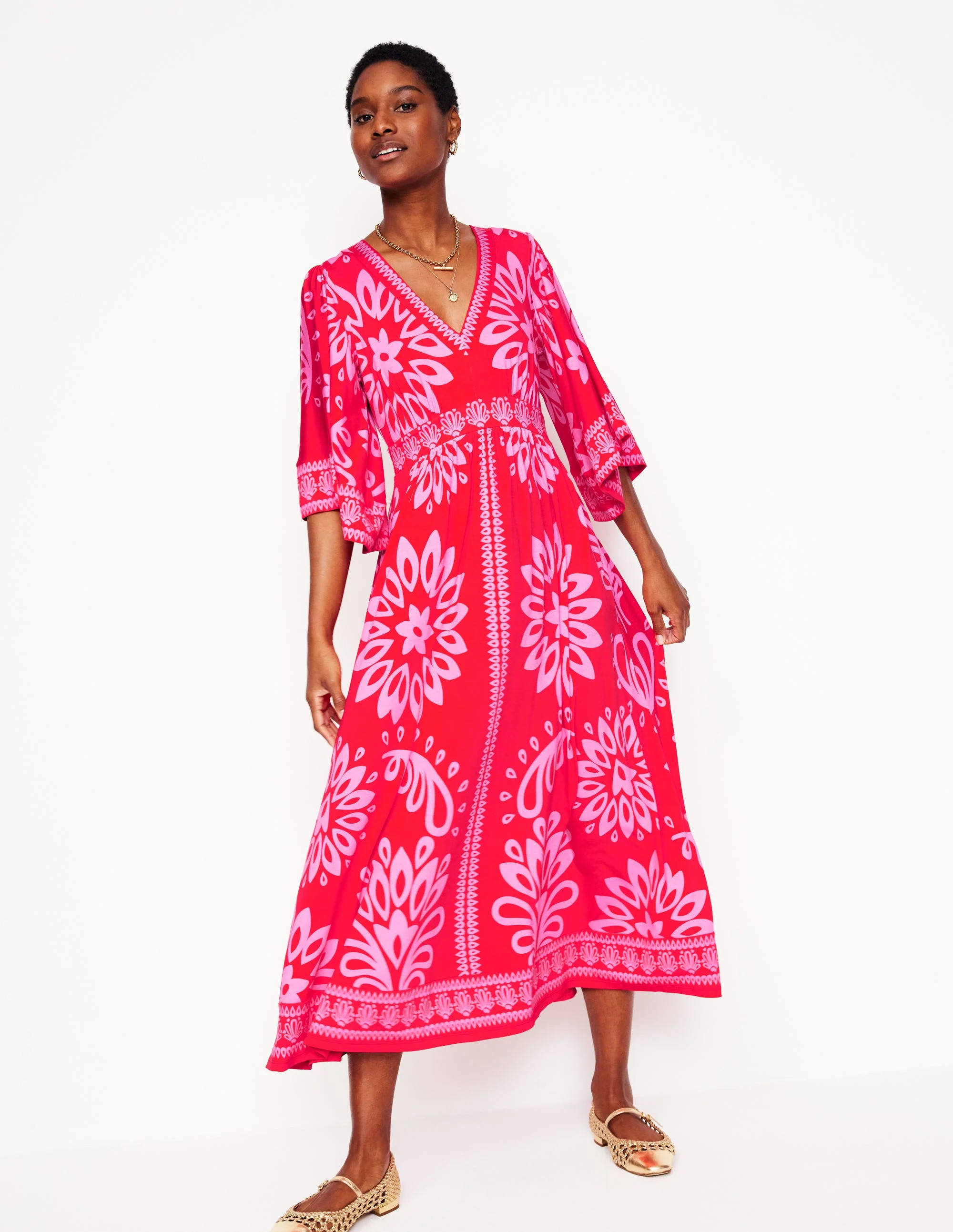 Maya Kimono Jersey Maxi Dress-Strawberry Red, Palm Foliage | Boden UK