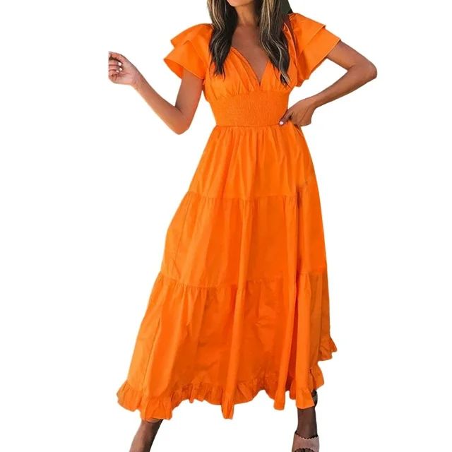 Womens Summer Dresses Women's V Neck Summer Ruffle Short Sleeve Large Swing Mid Length Dress for ... | Walmart (US)