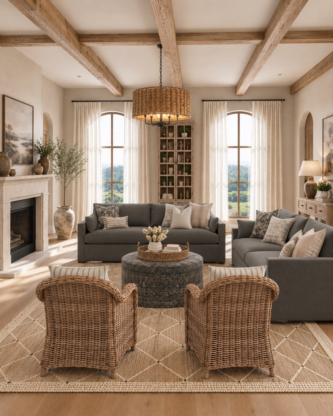 A neutral room can still have plenty of personality—it just needs more than one kind of neutral.

For this design, I mixed warm wood, charcoal upholstery, creamy linen, woven rattan, soft taupe, and small touches of faded pattern. Keeping the colors quiet allowed all of those different textures and materials to stand out without making the room feel busy.

The woven chairs and oversized chandelier bring in a relaxed, natural element, while the darker sofas and patterned ottoman give the room enough contrast to keep everything from blending together. I also used pieces that feel as though they could have been gathered over time rather than purchased as one perfectly coordinated set.
That combination is what gives the room its warm, collected look. It feels polished, but still comfortable enough for everyday life.

I’ve linked similar furniture and decor below so you can bring some of this look into your own home. 

And if you love this style but need help choosing pieces that work together in your space, my virtual home design and styling services are created for exactly that. Reach out to learn more.

#LTKHome