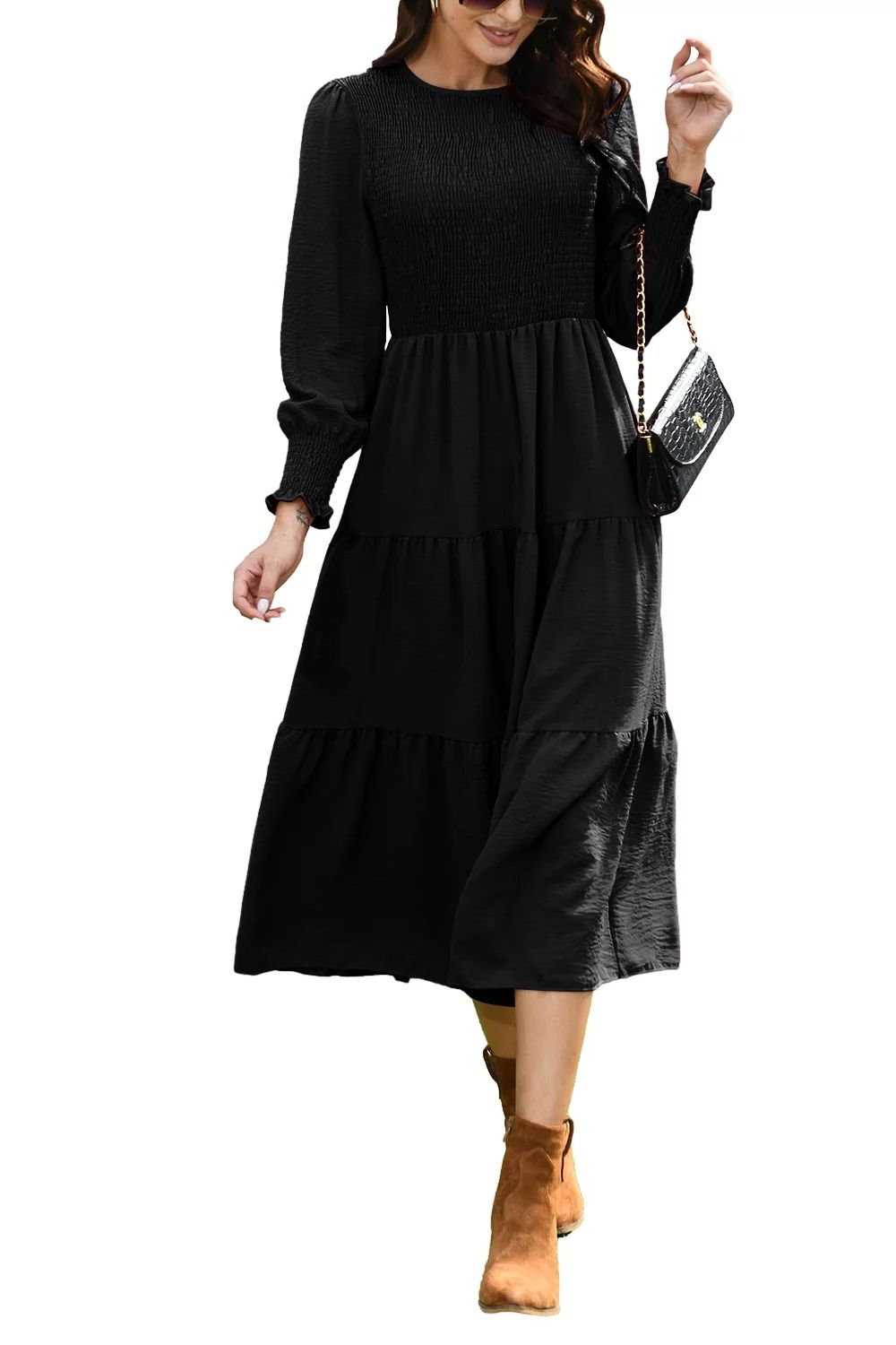 Mengpipi Womens Casual Long Sleeve Midi Dresses Smocked Flowy Tiered Dress Black, Size 12-14 - Wa... | Walmart (US)