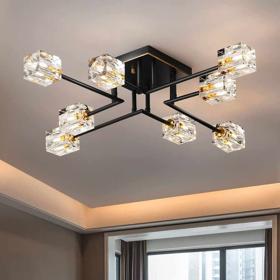 8-Lights Semi Flush Mount Ceiling Light Fixture,Black and Gold Modern Crystal Chandeliers,Farmhou... | Amazon (US)
