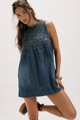 Maisie Smocked Denim Mini Dress | Free People (Global - UK&FR Excluded)