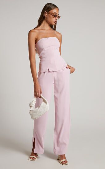 Mhina Trousers - Mid Rise Split Hem Tailored Trousers in Pink | Showpo (US, UK & Europe)