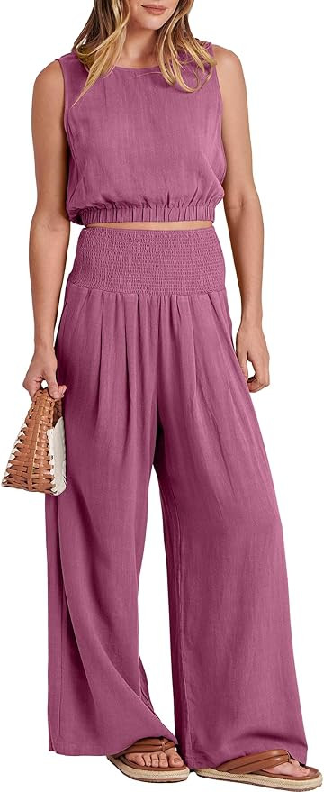 ANRABESS Women's Summer 2 Piece Outfits Linen Sleeveless Crop Tank Top Wide Leg Pants Lounge Matc... | Amazon (US)