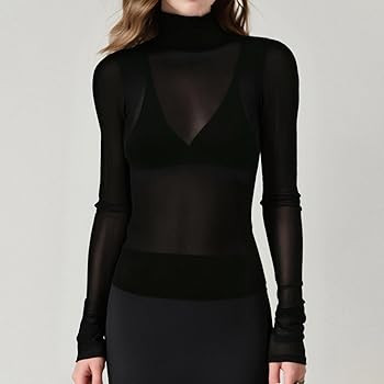 FEORJGP Womens Mesh Long Sleeve Tops Turtleneck See Through Slim Fitted Blouse Sheer Going Out Cl... | Amazon (US)