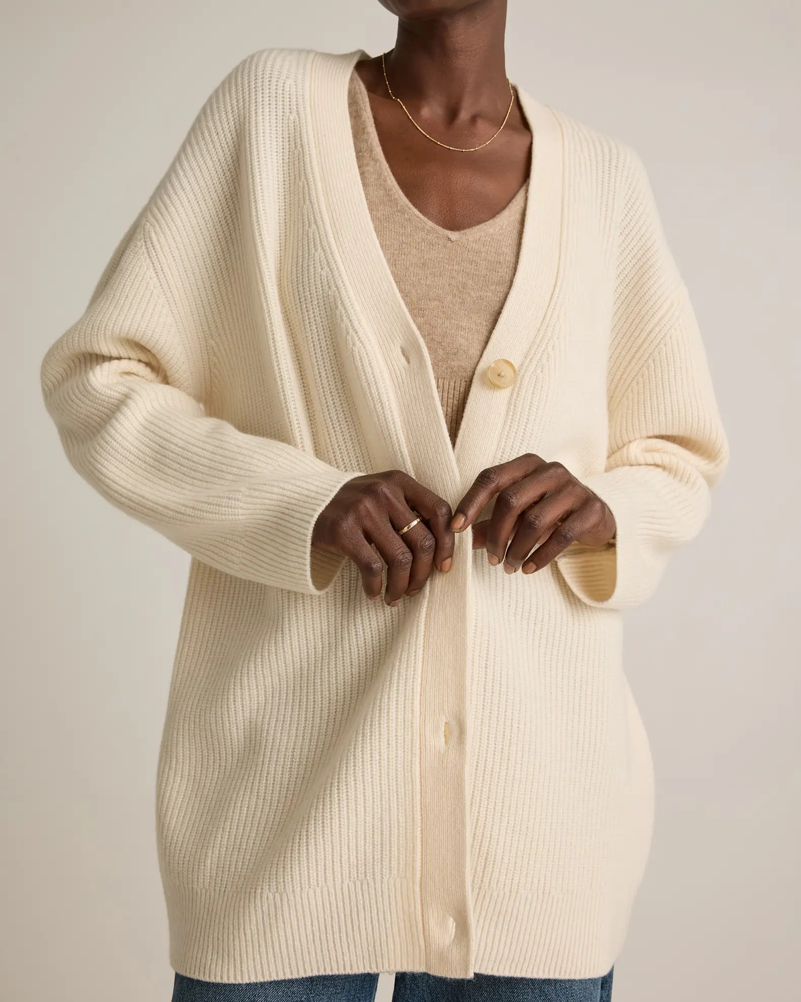 Mongolian Cashmere Oversized Boyfriend Cardigan Sweater in Ivory | Quince